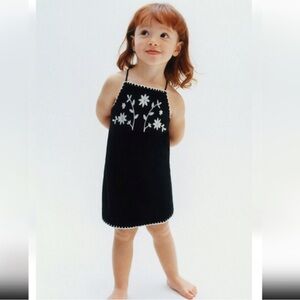 Zara Kids Knit Black Dress with White Floral Embroidery